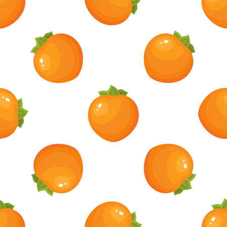 Seamless pattern with fresh whole persimmon fruit isolated on white background. Summer fruits for healthy lifestyle. Organic fruit. Cartoon style. Vector illustration for any design.のイラスト素材