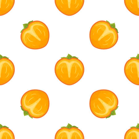 Seamless pattern with fresh half cut persimmon fruit isolated on white background. Summer fruits for healthy lifestyle. Organic fruit. Cartoon style. Vector illustration for any design.のイラスト素材