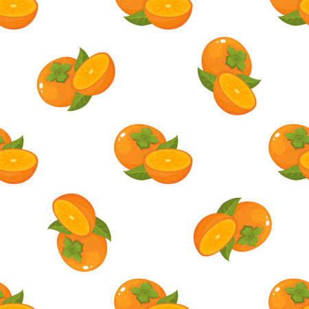 Seamless pattern with fresh bright persimmon fruit isolated on white background. Summer fruits for healthy lifestyle. Organic fruit. Cartoon style. Vector illustration for any design.のイラスト素材