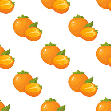 Seamless pattern with fresh bright persimmon fruit isolated on white background. Summer fruits for healthy lifestyle. Organic fruit. Cartoon style. Vector illustration for any design.のイラスト素材
