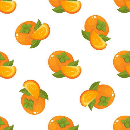 Seamless pattern with fresh bright persimmon fruit isolated on white background. Summer fruits for healthy lifestyle. Organic fruit. Cartoon style. Vector illustration for any design.のイラスト素材