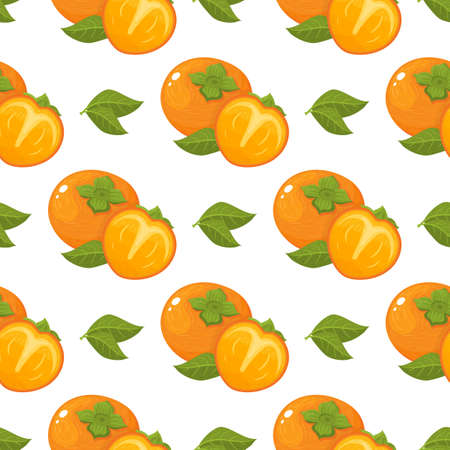 Seamless pattern with fresh bright persimmon fruit and leaves isolated on white background. Summer fruits for healthy lifestyle. Organic fruit. Cartoon style. Vector illustration for any design.のイラスト素材