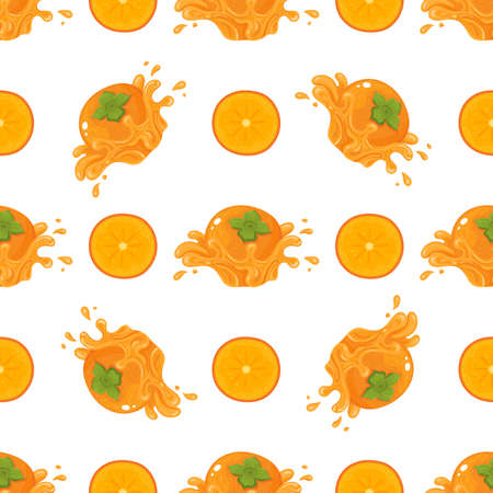 Seamless pattern with fresh bright persimmon fruit juice splash isolated on white background. Summer...