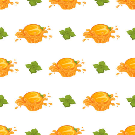 Seamless pattern with fresh bright persimmon fruit juice splash isolated on white background. Summer fruits for healthy lifestyle. Organic fruit. Cartoon style. Vector illustration for any design.のイラスト素材