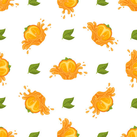 Seamless pattern with fresh bright persimmon fruit juice splash isolated on white background. Summer fruits for healthy lifestyle. Organic fruit. Cartoon style. Vector illustration for any design.のイラスト素材