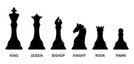 Black silhouette chess pieces set isolated on white background. Chess icon. King, queen, rook, knight, bishop, pawn. Vector illustration for design.のイラスト素材