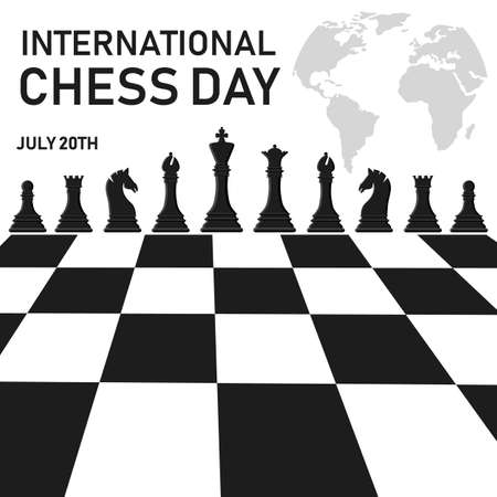 international chess day. Black silhouette chess pieces set isolated on white background. Chess icons on chessboard. King, queen, rook, knight, bishop, pawn. vector illustration.のイラスト素材