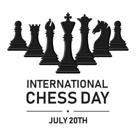 international chess day. Black silhouette chess pieces set isolated on white background. King, queen, rook, knight, bishop, pawn. Vector illustration for design.のイラスト素材