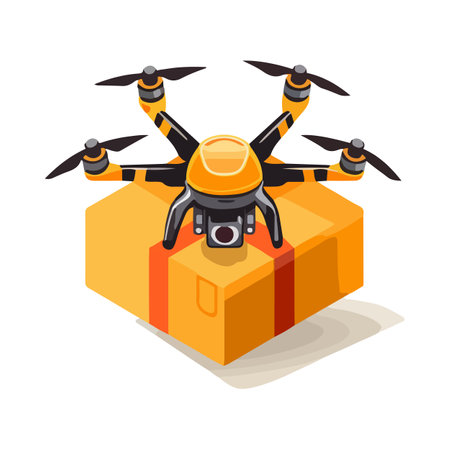 Quadcopter aerial drone with camera and cargo box for delivery service isolated on white background. Cartoon style. Vector illustration for any designのイラスト素材