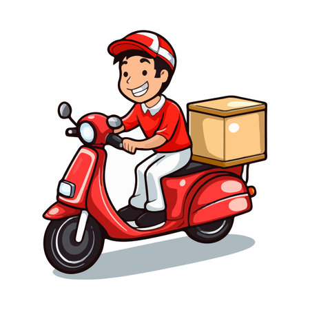 Delivery man riding a red scooter. Cartoon illustration. Vector illustration isolated on white backgroundのイラスト素材