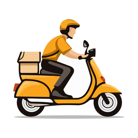 Delivery man riding a yellow scooter isolated on white background. Food delivery man. Cartoon style. Vector illustrationのイラスト素材