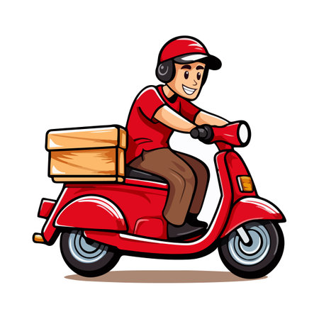 Delivery man riding a red scooter. Cartoon illustration. Vector illustration isolated on white backgroundのイラスト素材