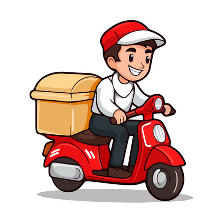 Delivery man riding a red scooter isolated on white background. Food delivery man. Cartoon style. Vector illustrationのイラスト素材