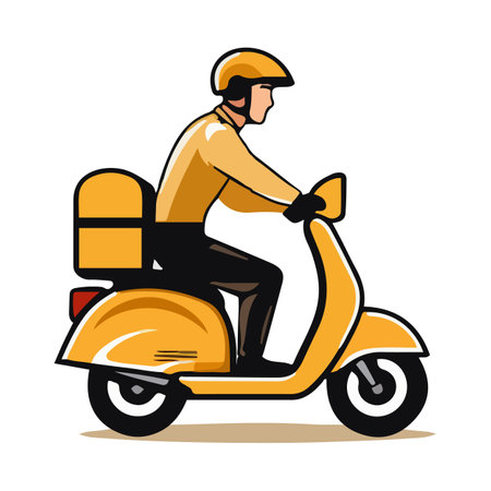 Delivery man riding a yellow scooter isolated on white background. Food delivery man. Cartoon style. Vector illustrationのイラスト素材