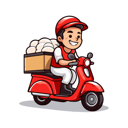 Delivery man riding a red scooter isolated on white background. Food delivery man. Cartoon style. Vector illustrationのイラスト素材