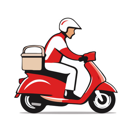 Delivery man riding a red scooter isolated on white background. Food delivery man. Cartoon style. Vector illustrationのイラスト素材