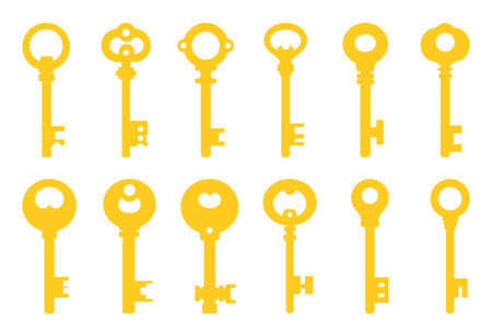 Yellow keys set isolated on white background. Cartoon style. Vector illustration for any designのイラスト素材