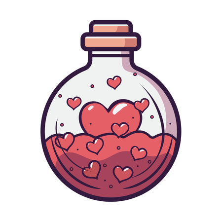 Love potion isolated on white background. Cartoon fantasy magic spell heart elixir. Witch alchemy bottle, love vial. Aphrodisiac flask. Vector illustrationのイラスト素材