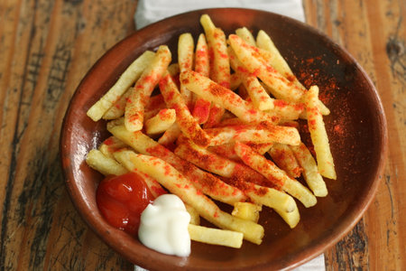 French fries with spicy powdered spicy and sweet sauce on the side are then placed in a container...