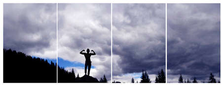 Man silhouette agaist a cloudy skyの写真素材