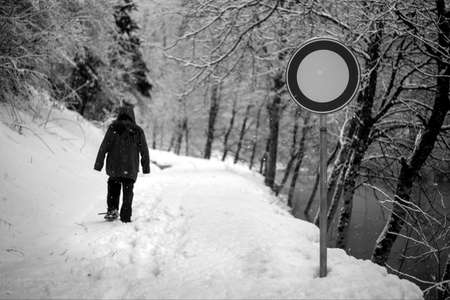 People walking and hiking in the snow on Dolomitesの写真素材