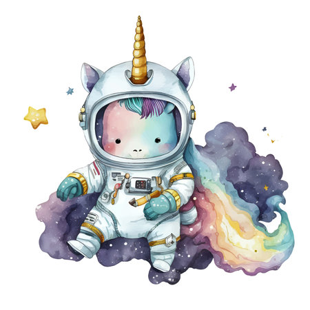 Cute little unicorn in space suit. Watercolor illustration on white background.のイラスト素材