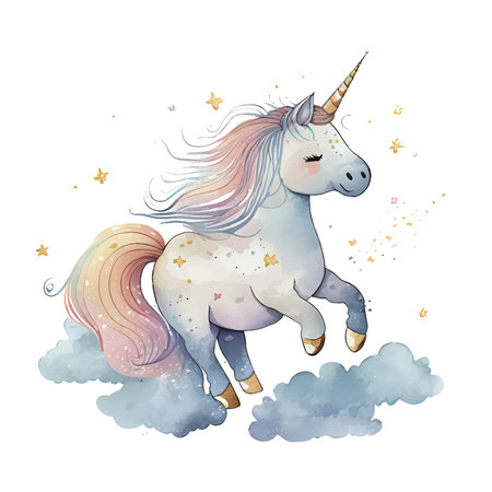 Unicorn in clouds. Watercolor illustration isolated on white background.のイラスト素材