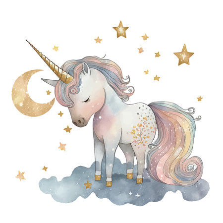 Cute watercolor unicorn on the cloud with stars. Hand drawn vector illustrationのイラスト素材