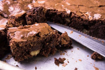 Brownies in a baking sheet, cut and ready to be served.の写真素材