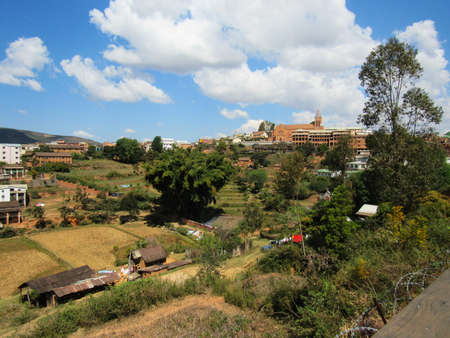 water flow of the Mania river near rice terraces in central Madagascarの写真素材