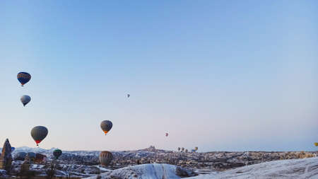 Hot air balloons at the sunrise sky landscape in Cappadocia, Turkeyのeditorial素材