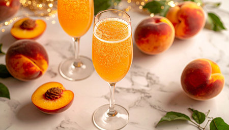 Sparkling peach bellini in champagne flute with peach puree, gold foil, marble, bokeh lights.の素材