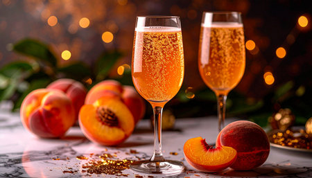 Sparkling peach bellini in champagne flute with peach puree, gold foil, marble, bokeh lights.の素材