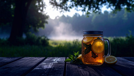 Cold green tea with fresh mint leaves, lemon slices in rustic mason jar, condensation, wooden picnic table, summer ambiance, shallow depth of field.の素材