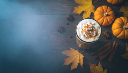 Pumpkin latte with whipped cream, cinnamon, anise and autumn leaves on wooden backgroundの素材