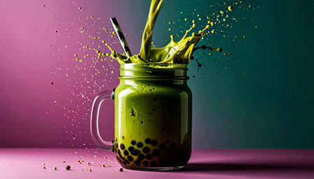 Matcha bubble tea with tapioca pearls in mason jar, wide straw, pastel background.の素材