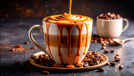 Layered caramel macchiato in white mug with espresso, steamed milk, caramel drizzle, coffee beans.の素材