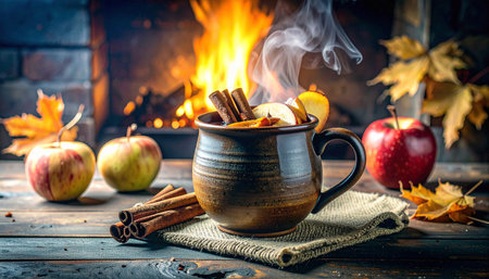 Warm apple cider cocktail with bourbon, cinnamon sticks in ceramic mug, caramel drizzle, autumn leaves, cozy fireplace ambiance.の素材