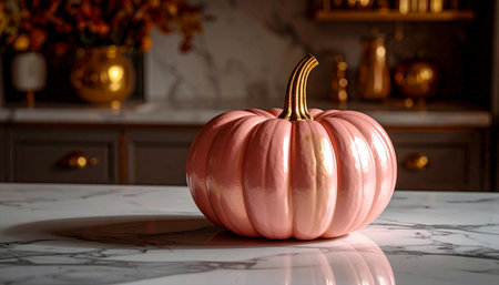 Minimalist pastel pink pumpkin with metallic gold stem placed on white marble countertop, soft daylight, luxury decor conceptの素材