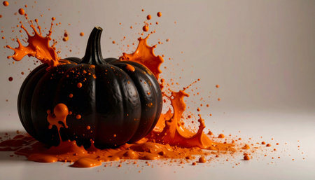 Minimalist matte black pumpkin decorated with vivid neon pink splatter paint effect, modern abstract halloween decor conceptの素材