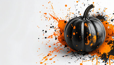 Minimalist matte black pumpkin decorated with vivid neon pink splatter paint effect, modern abstract halloween decor conceptの素材