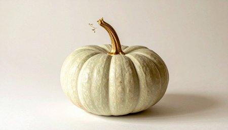 Minimalist pastel mint green pumpkin featuring metallic gold leaf stem, placed on pure white background, luxury halloween decorの素材