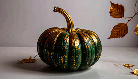 Minimalist pastel mint green pumpkin featuring metallic gold leaf stem, placed on pure white background, luxury halloween decorの素材