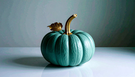 Minimalist pastel mint green pumpkin featuring metallic gold leaf stem, placed on pure white background, luxury halloween decorの素材