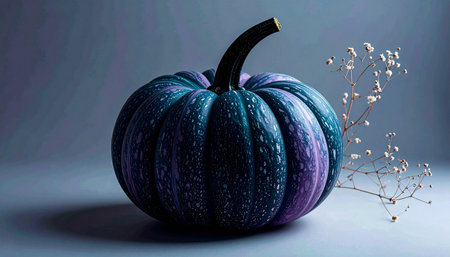 Minimalist pastel lavender pumpkin featuring matte black stem, placed on pure white background, modern halloween decorの素材