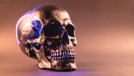 Minimalist matte black human skull sculpture with surreal neon blue outline glow, dark background, halloween conceptの素材