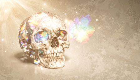 Surreal conceptual halloween skull made of clear crystal with internal glowing rainbow light, floating in dark voidの素材