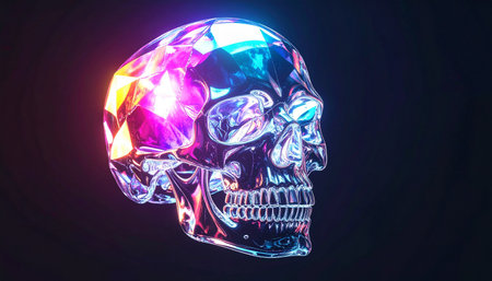 Surreal conceptual halloween skull made of clear crystal with internal glowing rainbow light, floating in dark voidの素材