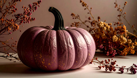 Minimalist pastel lavender pumpkin featuring matte black stem, placed on pure white background, modern halloween decorの素材