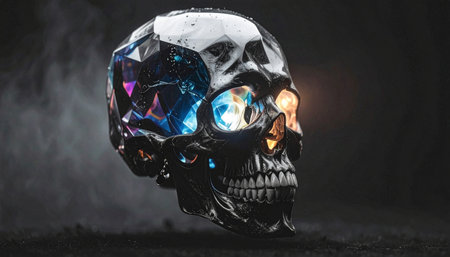 Surreal conceptual halloween skull made of clear crystal with internal glowing rainbow light, floating in dark voidの素材